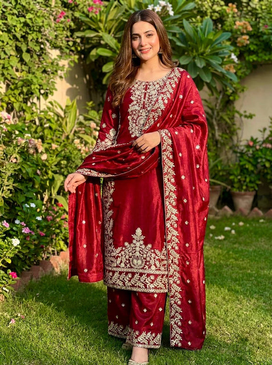 Wedding Wear Maroon Color Silk Embroidered Pakistani Salwar Suit