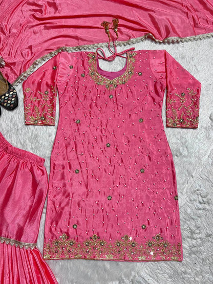 Wedding Wear Pink Color Pure Heavy Chinon Silk With Embroidery Work Beautiful Sharara Suit