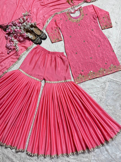 Wedding Wear Pink Color Pure Heavy Chinon Silk With Embroidery Work Beautiful Sharara Suit