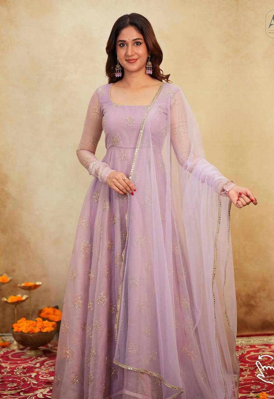 Designer Lavender Color Organza Hand Embroidered Gown Set