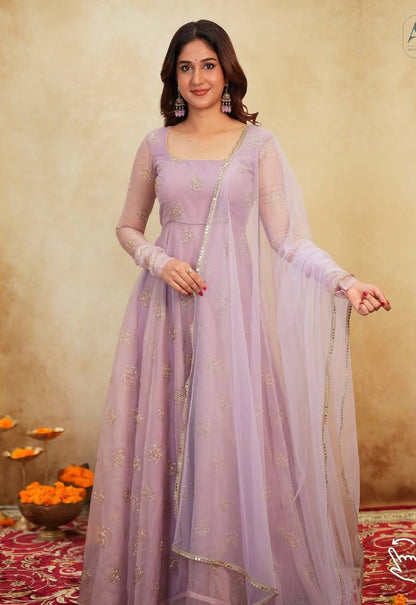 Designer Lavender Color Organza Hand Embroidered Gown Set