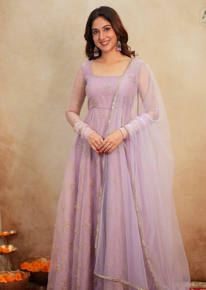 Designer Lavender Color Organza Hand Embroidered Gown Set