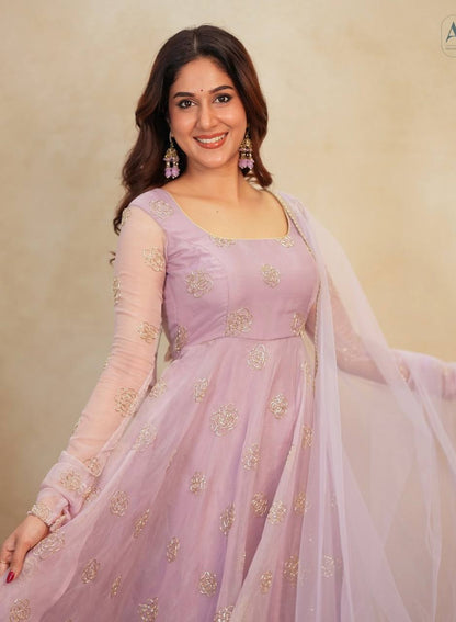 Designer Lavender Color Organza Hand Embroidered Gown Set