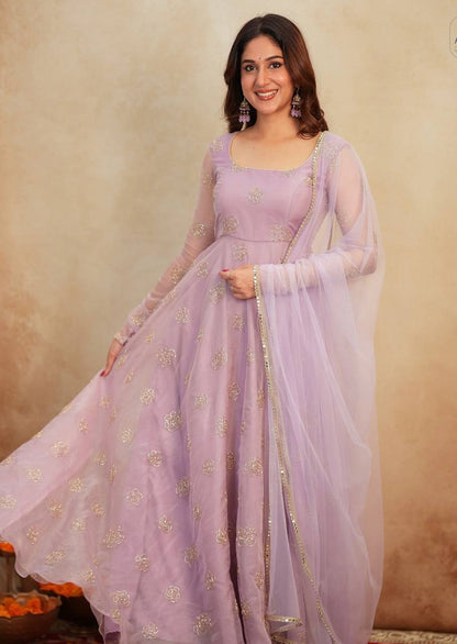 Designer Lavender Color Organza Hand Embroidered Gown Set