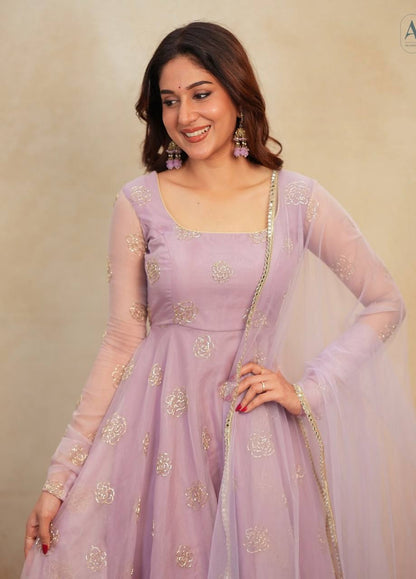 Designer Lavender Color Organza Hand Embroidered Gown Set