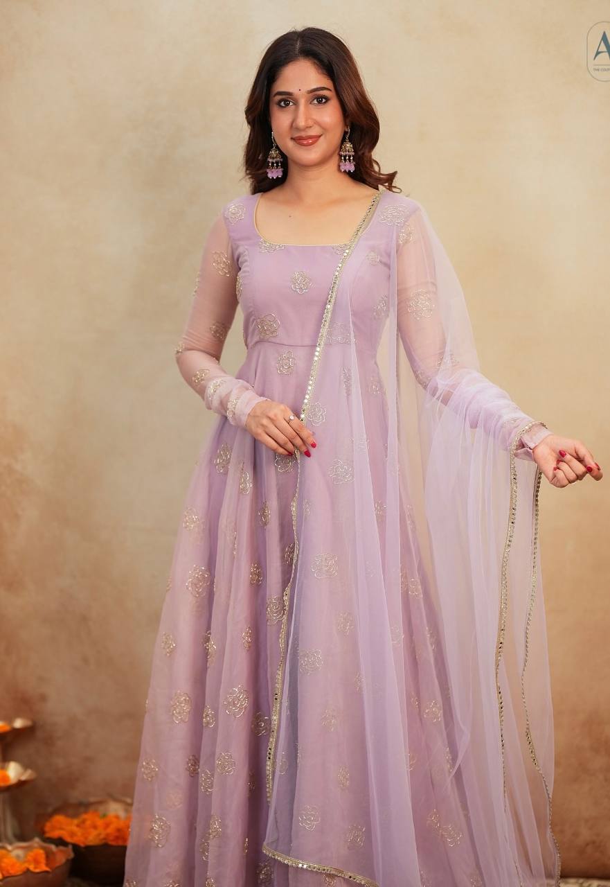 Designer Lavender Color Organza Hand Embroidered Gown Set