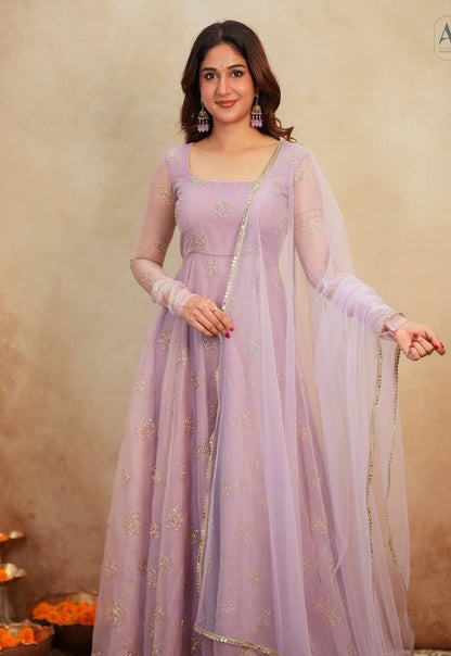 Designer Lavender Color Organza Hand Embroidered Gown Set