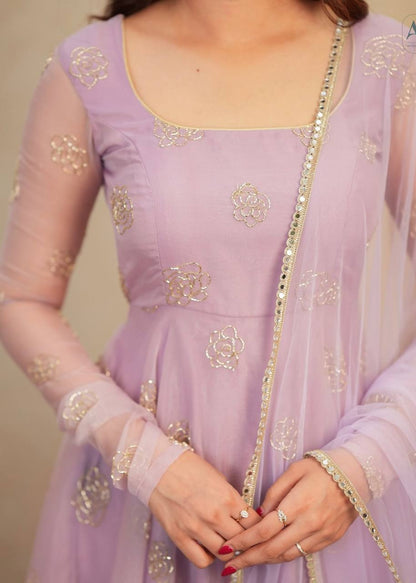 Designer Lavender Color Organza Hand Embroidered Gown Set