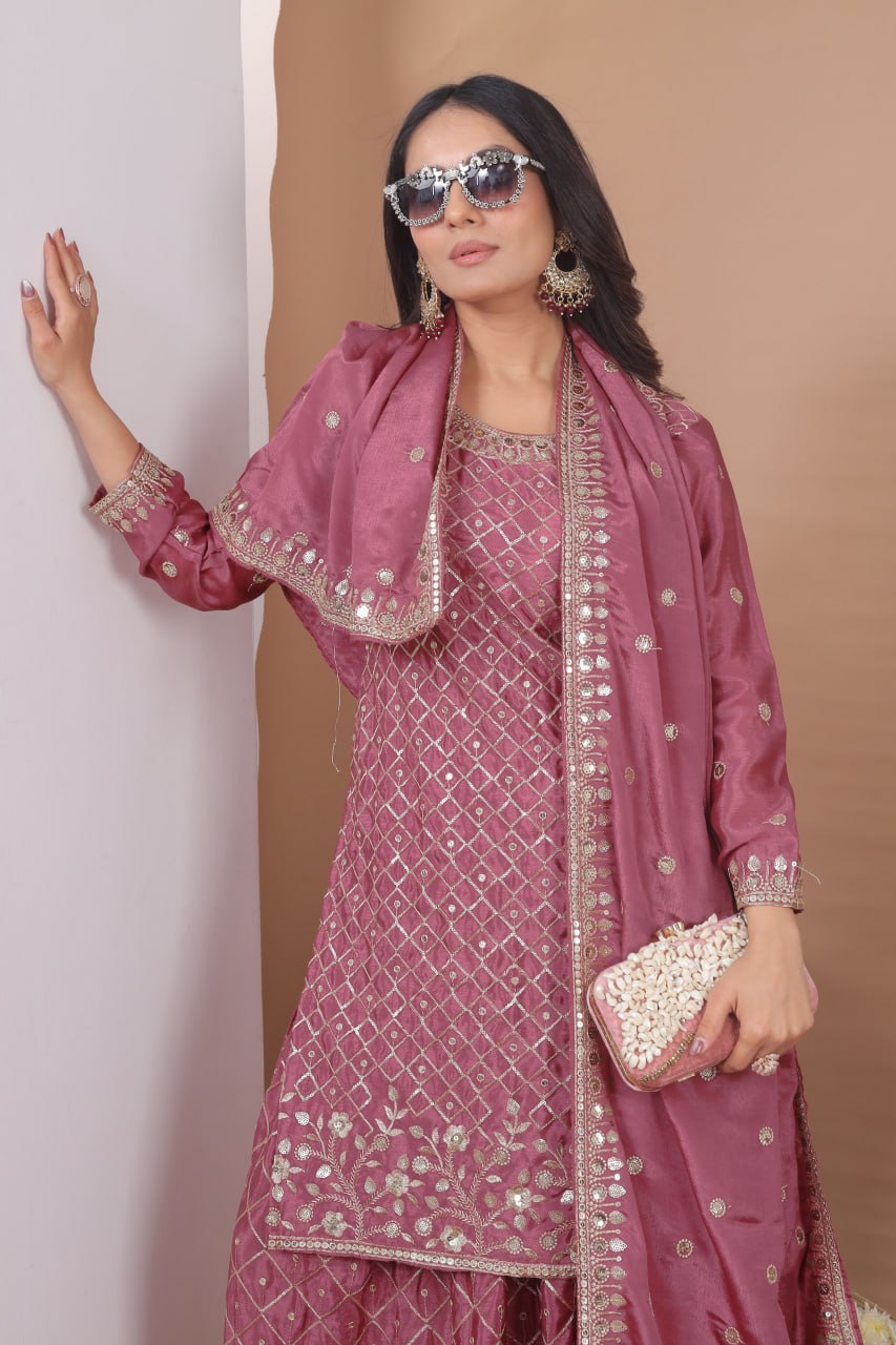 Luxury Pink Color Sequence Embroidered Sharara Suit