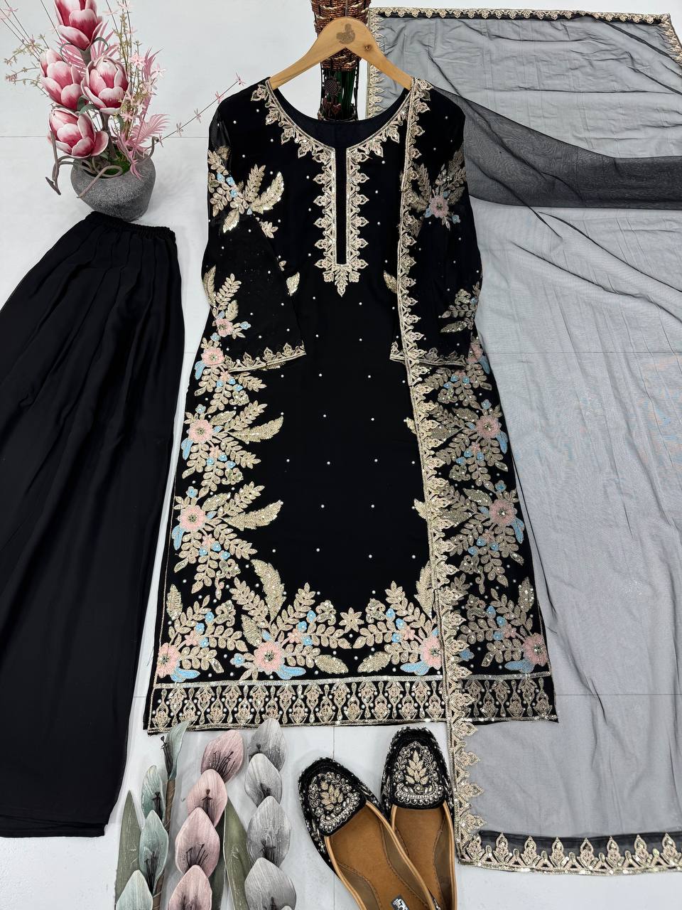 Party Wear Black Color Georgette Handwork Palazzo Set