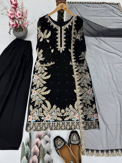 Party Wear Black Color Georgette Handwork Palazzo Set