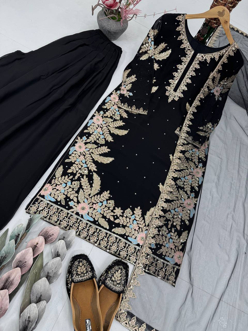 Party Wear Black Color Georgette Handwork Palazzo Set