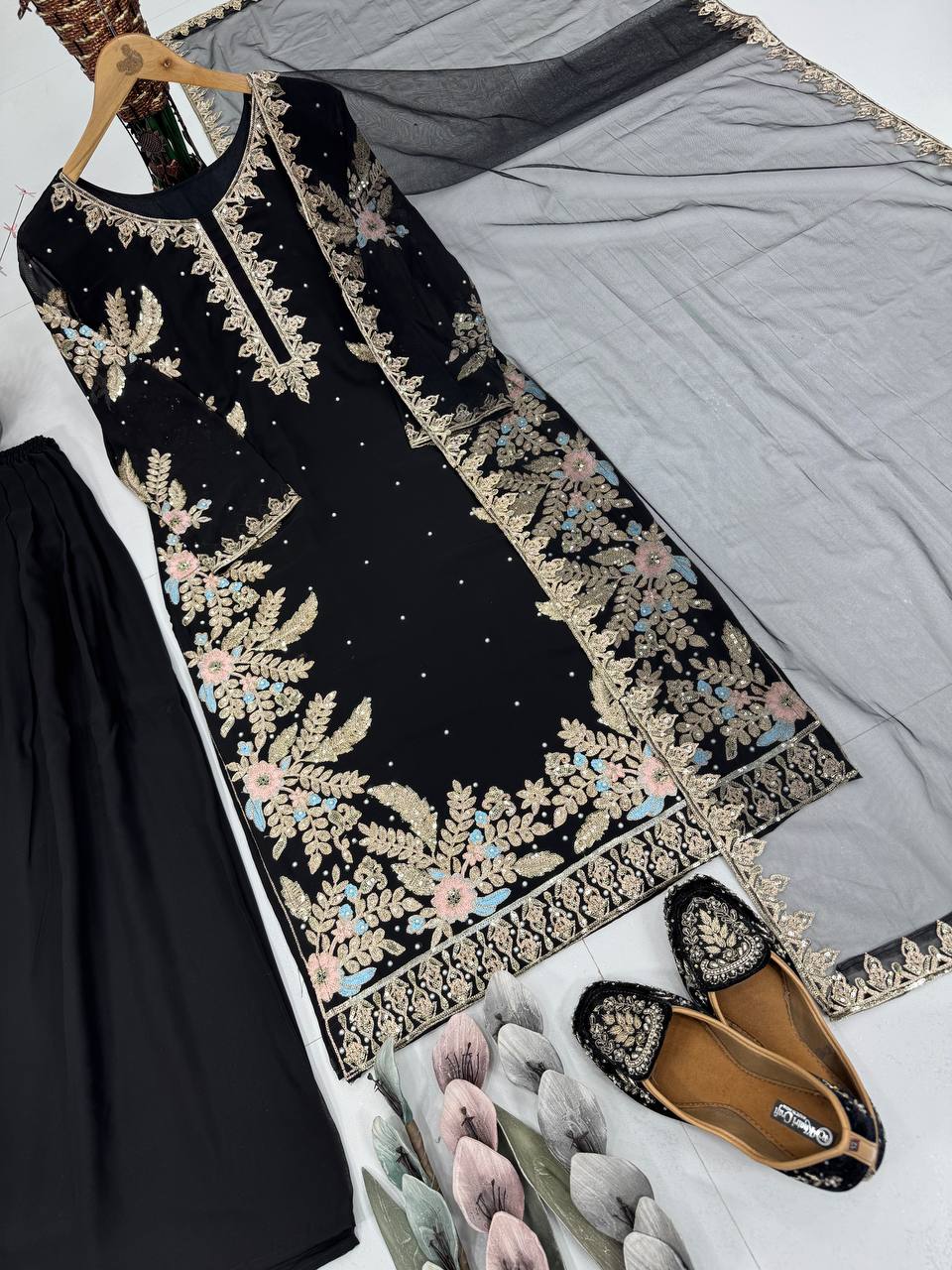 Party Wear Black Color Georgette Handwork Palazzo Set