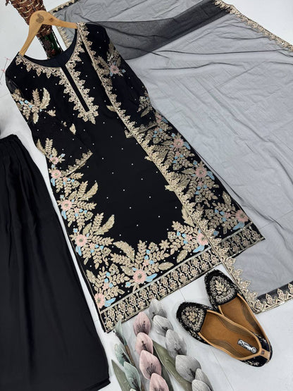 Party Wear Black Color Georgette Handwork Palazzo Set