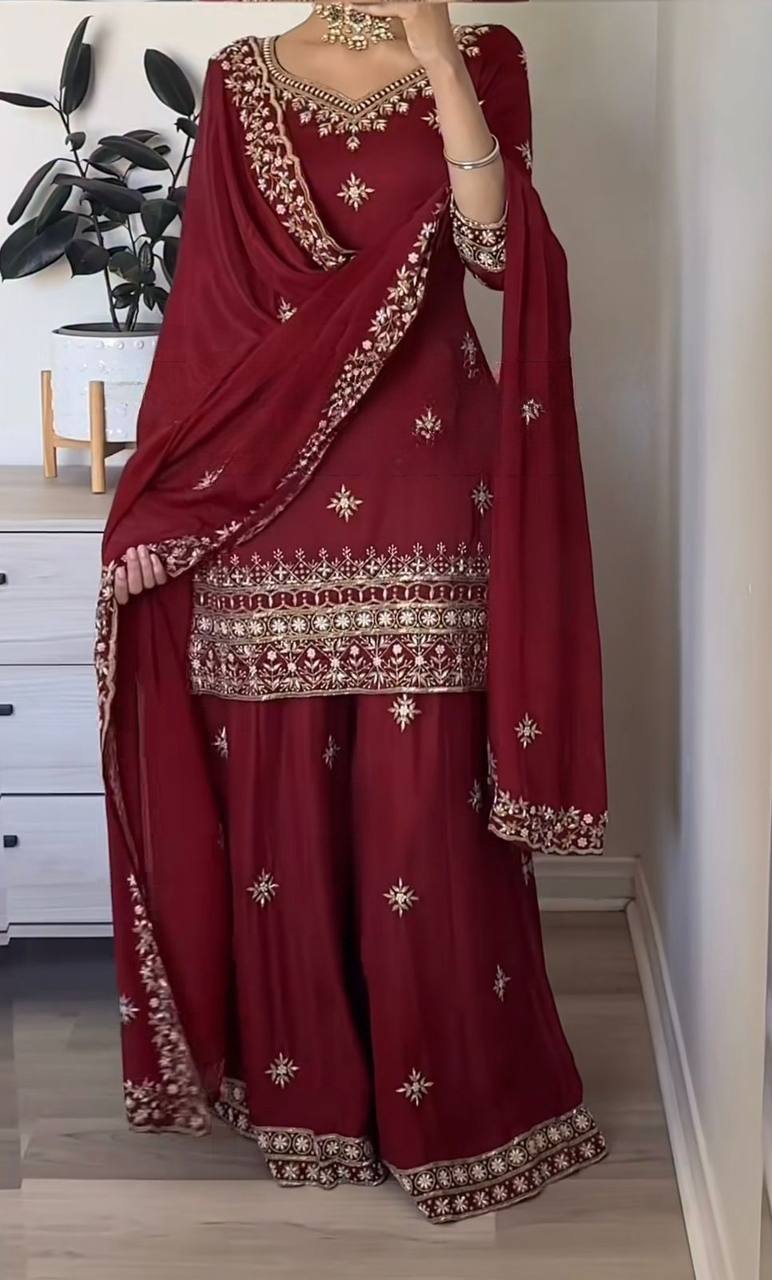 Awesome Maroon Color Embroidered Sharara Suit With Dupatta