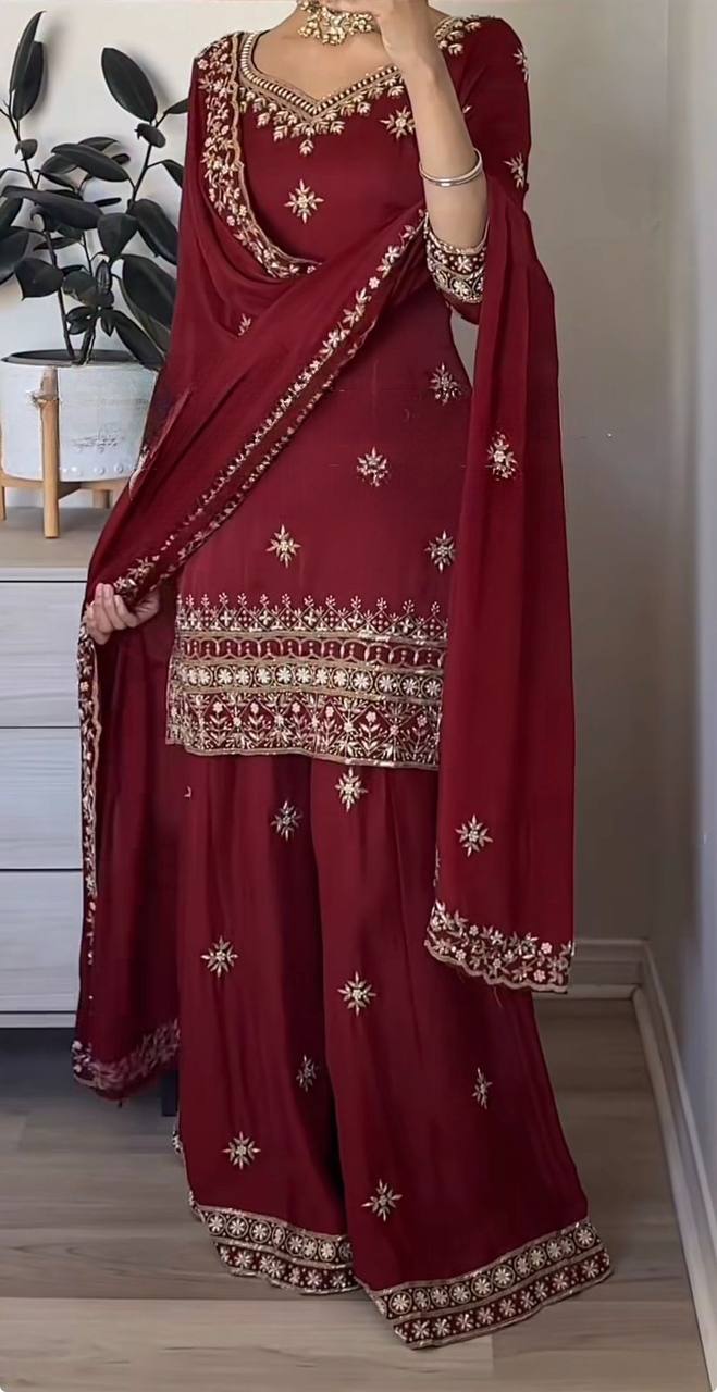 Awesome Maroon Color Embroidered Sharara Suit With Dupatta