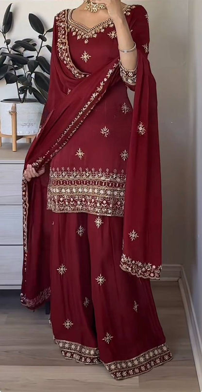 Awesome Maroon Color Embroidered Sharara Suit With Dupatta