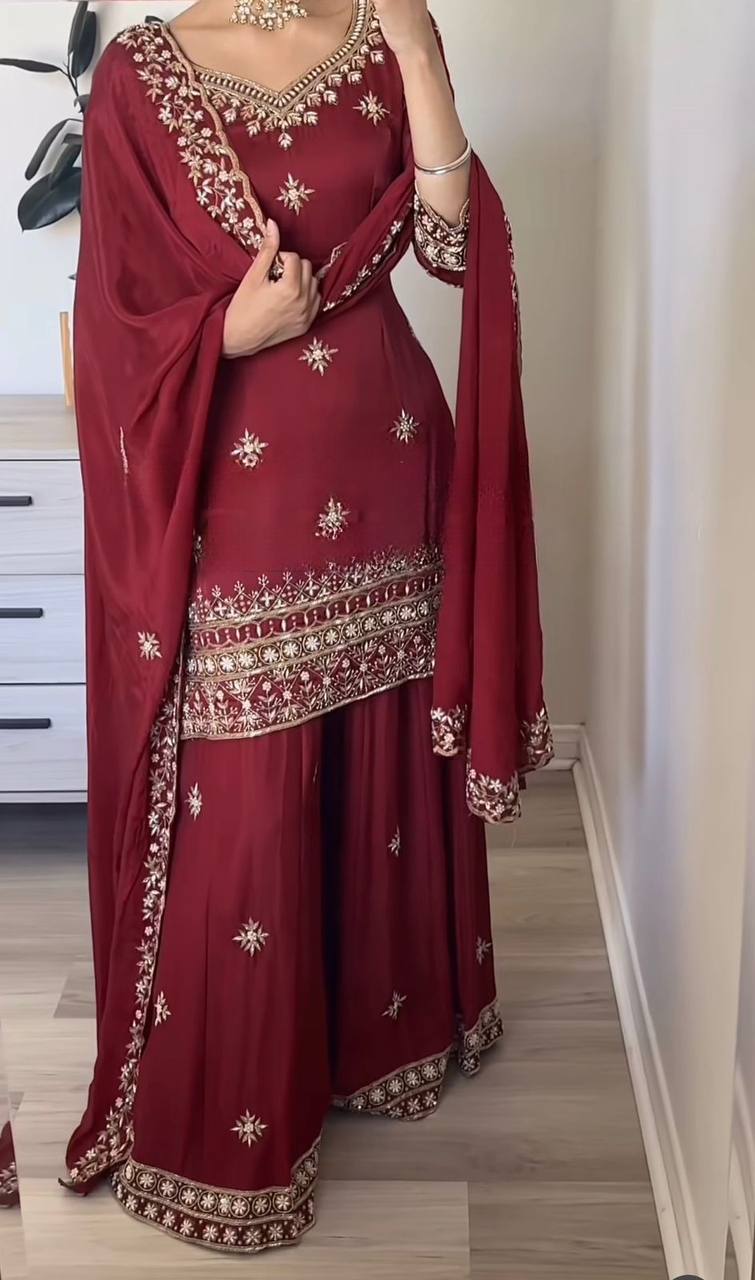 Awesome Maroon Color Embroidered Sharara Suit With Dupatta
