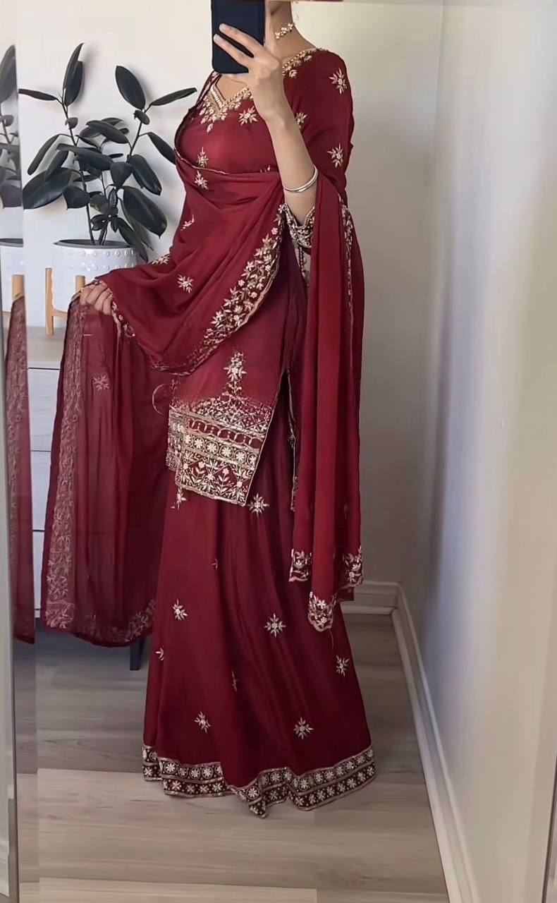 Awesome Maroon Color Embroidered Sharara Suit With Dupatta