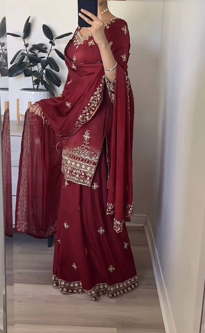 Awesome Maroon Color Embroidered Sharara Suit With Dupatta