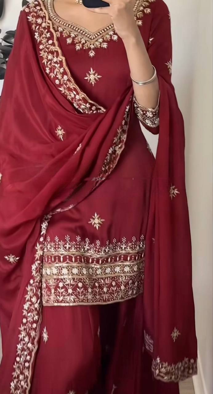 Awesome Maroon Color Embroidered Sharara Suit With Dupatta