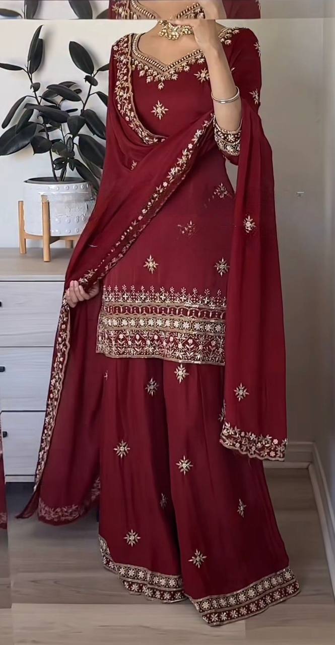 Awesome Maroon Color Embroidered Sharara Suit With Dupatta