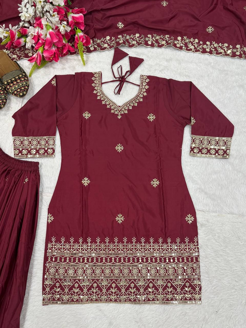 Awesome Maroon Color Embroidered Sharara Suit With Dupatta