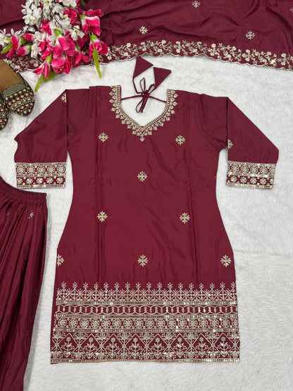 Awesome Maroon Color Embroidered Sharara Suit With Dupatta