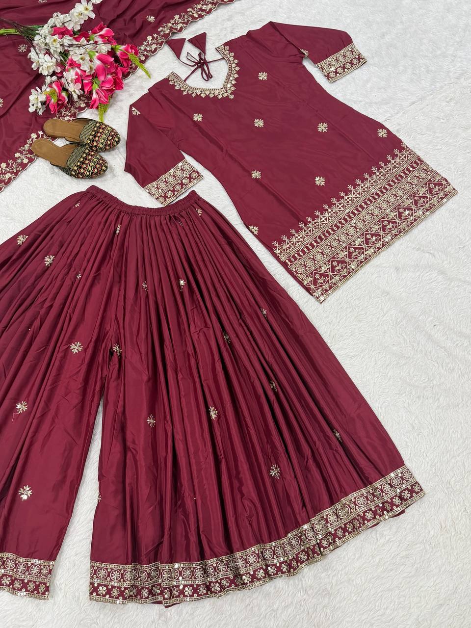 Awesome Maroon Color Embroidered Sharara Suit With Dupatta