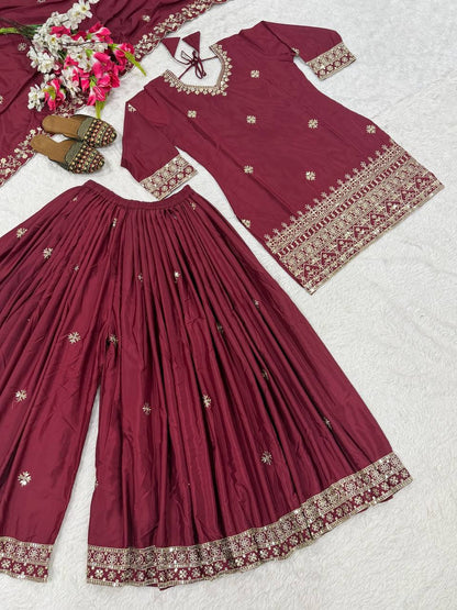 Awesome Maroon Color Embroidered Sharara Suit With Dupatta