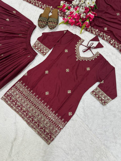 Awesome Maroon Color Embroidered Sharara Suit With Dupatta