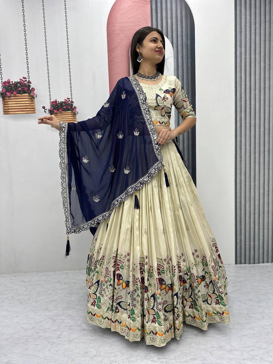 Exclusive Navy Blue Color Pure Tissue Silk With Heavy Thread And Sequence Work Designer Lehenga Choli