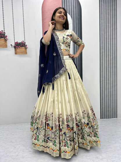 Exclusive Navy Blue Color Pure Tissue Silk With Heavy Thread And Sequence Work Designer Lehenga Choli