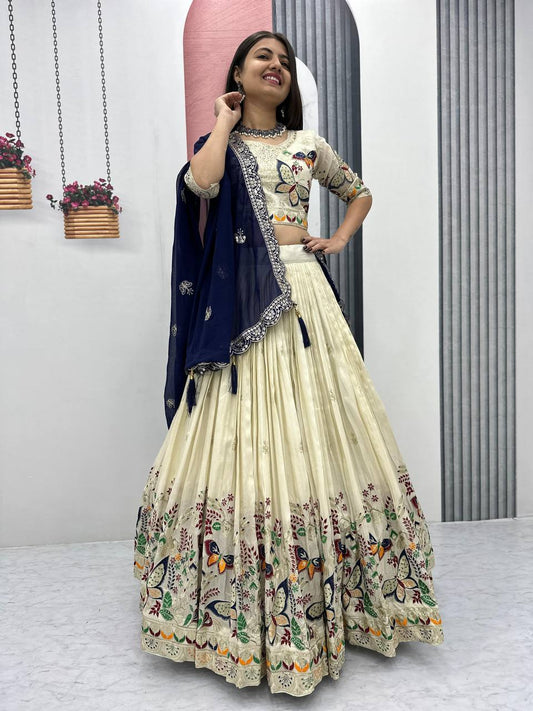 Exclusive Navy Blue Color Pure Tissue Silk With Heavy Thread And Sequence Work Designer Lehenga Choli