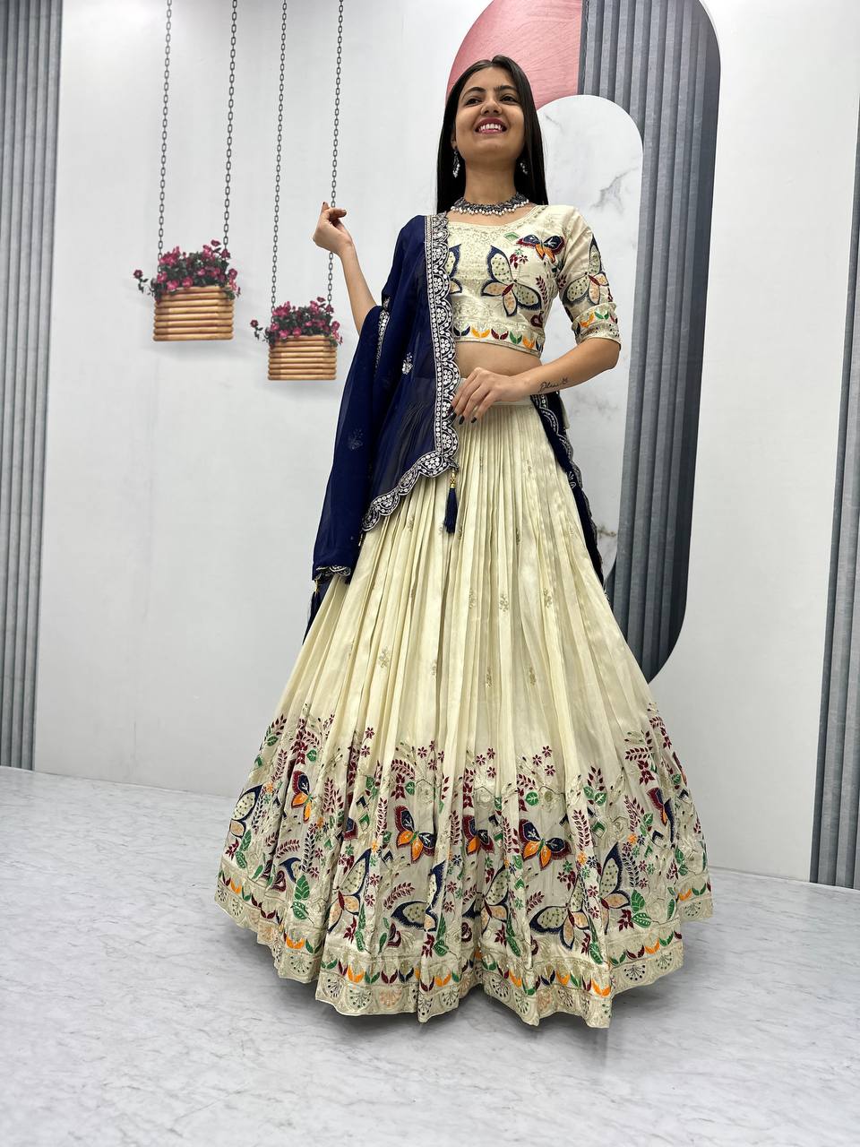 Exclusive Navy Blue Color Pure Tissue Silk With Heavy Thread And Sequence Work Designer Lehenga Choli