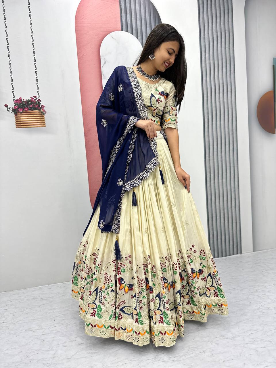 Exclusive Navy Blue Color Pure Tissue Silk With Heavy Thread And Sequence Work Designer Lehenga Choli