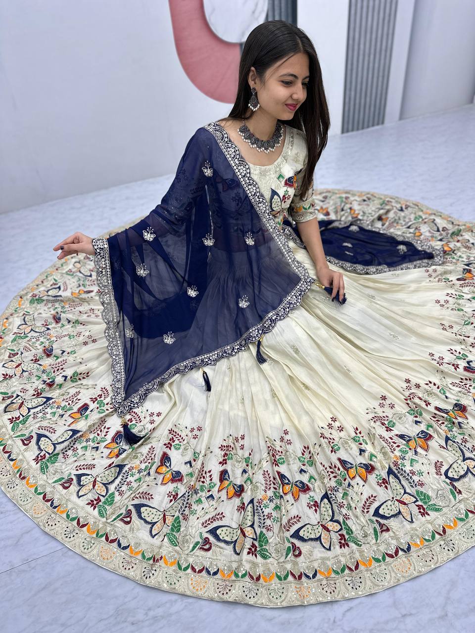Exclusive Navy Blue Color Pure Tissue Silk With Heavy Thread And Sequence Work Designer Lehenga Choli