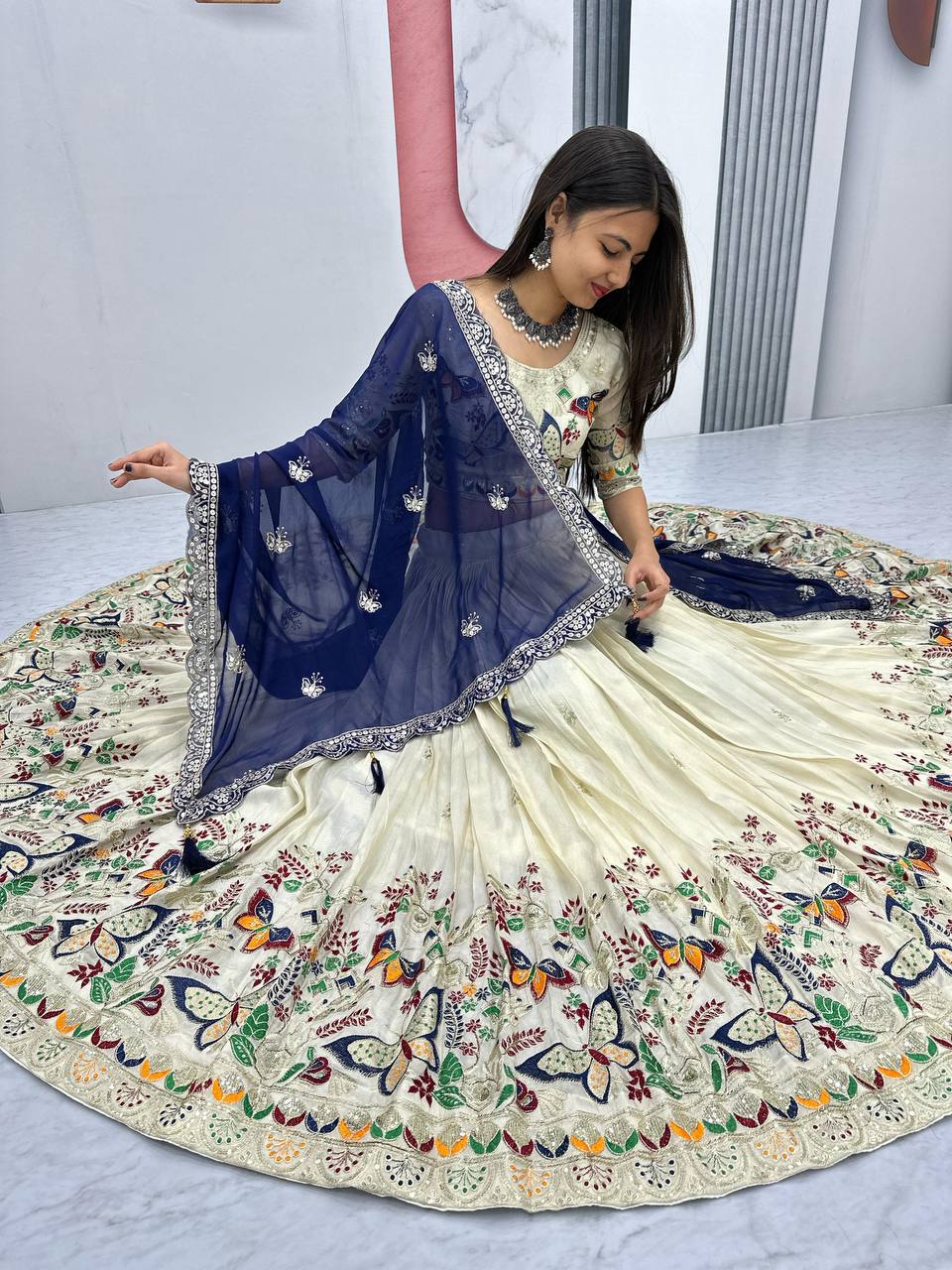 Exclusive Navy Blue Color Pure Tissue Silk With Heavy Thread And Sequence Work Designer Lehenga Choli