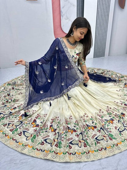 Exclusive Navy Blue Color Pure Tissue Silk With Heavy Thread And Sequence Work Designer Lehenga Choli