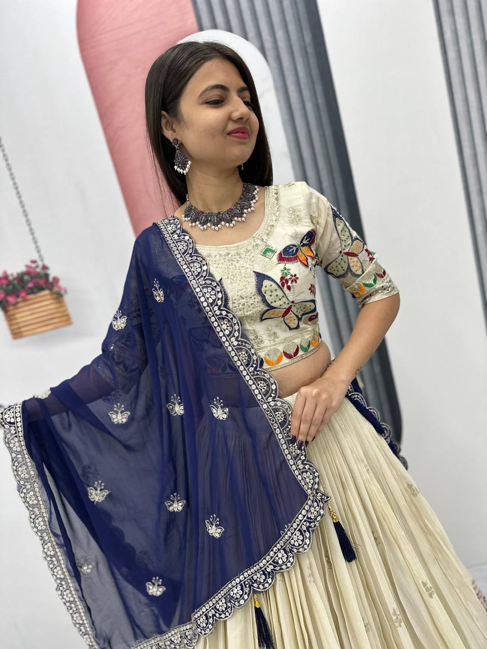 Exclusive Navy Blue Color Pure Tissue Silk With Heavy Thread And Sequence Work Designer Lehenga Choli
