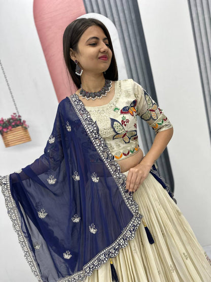 Exclusive Navy Blue Color Pure Tissue Silk With Heavy Thread And Sequence Work Designer Lehenga Choli