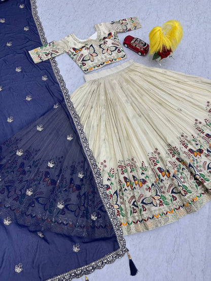 Exclusive Navy Blue Color Pure Tissue Silk With Heavy Thread And Sequence Work Designer Lehenga Choli