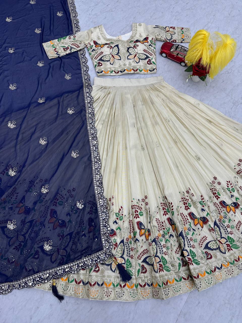 Exclusive Navy Blue Color Pure Tissue Silk With Heavy Thread And Sequence Work Designer Lehenga Choli