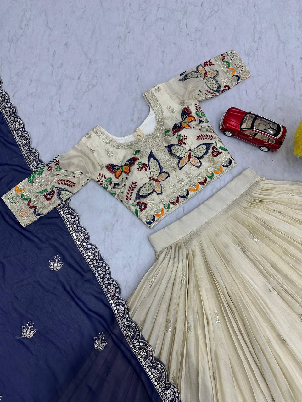 Exclusive Navy Blue Color Pure Tissue Silk With Heavy Thread And Sequence Work Designer Lehenga Choli