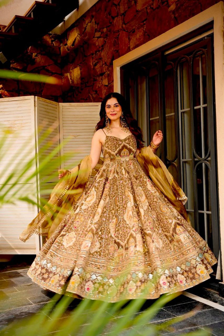 Party Wear Brown Organza Silk Huge Flair Anarkali Gown Set