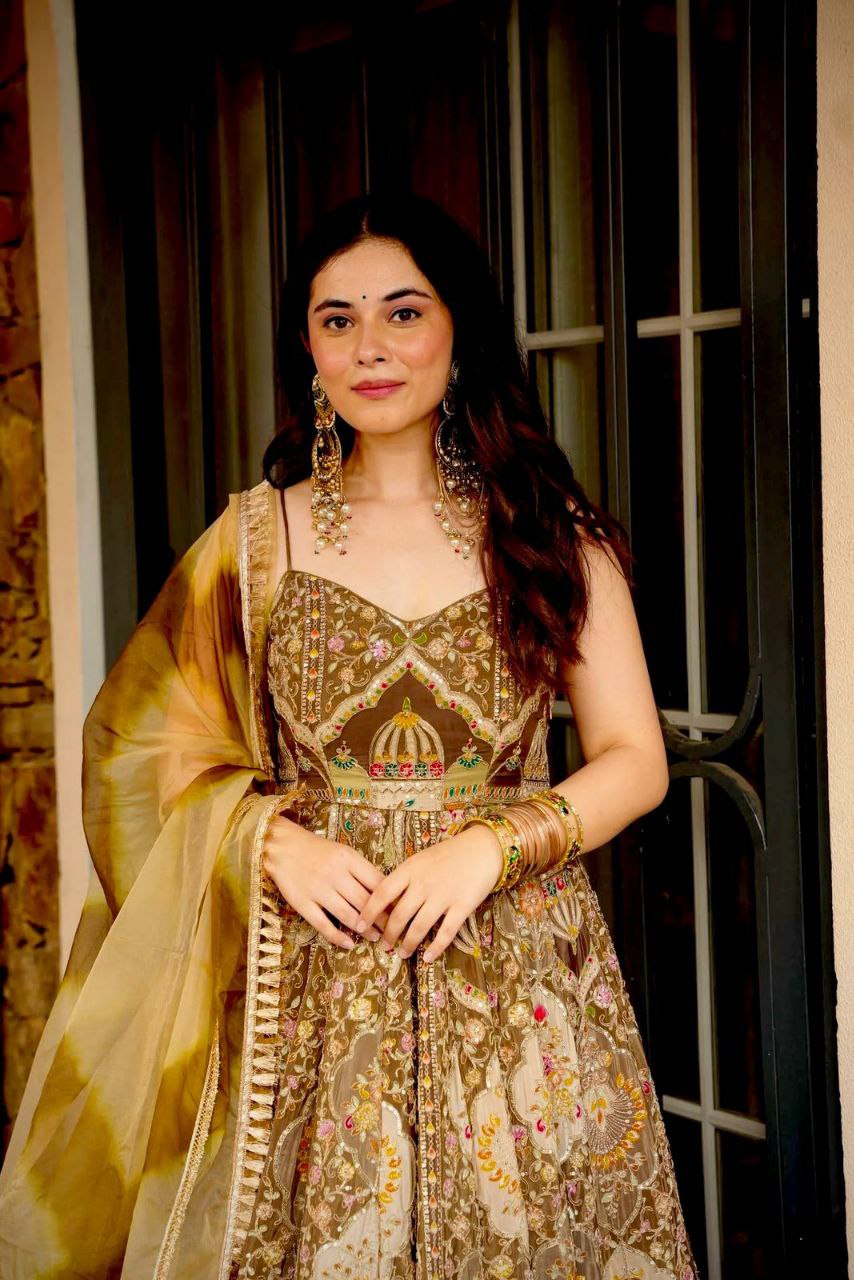 Party Wear Brown Organza Silk Huge Flair Anarkali Gown Set