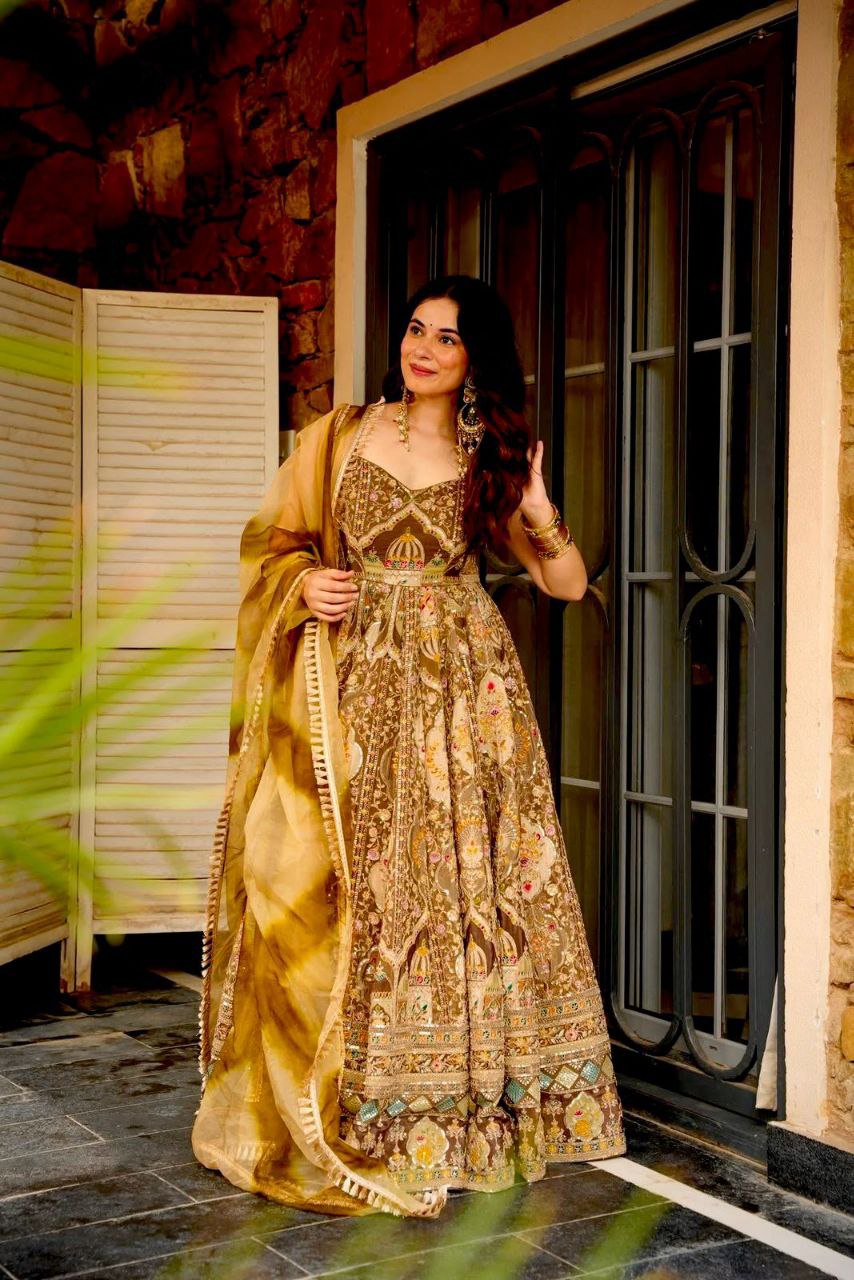 Party Wear Brown Organza Silk Huge Flair Anarkali Gown Set