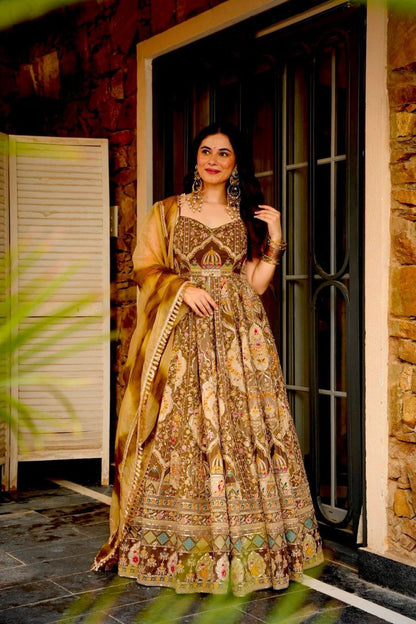 Party Wear Brown Organza Silk Huge Flair Anarkali Gown Set