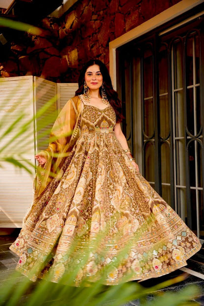 Party Wear Brown Organza Silk Huge Flair Anarkali Gown Set