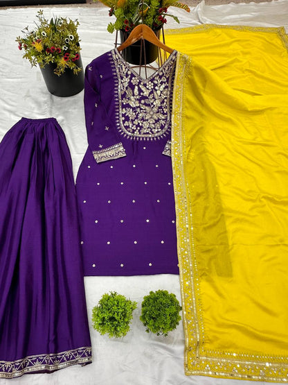 Function Wear Purple Color Heavy Pure Chinon Silk With 5mm Embroidery Sequence Work Palazzo Suit